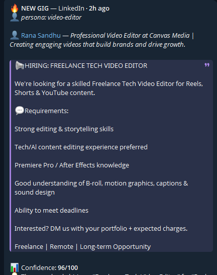 A real GigScout alert arriving in Telegram, a freelance tech video editor role scored 96 out of 100