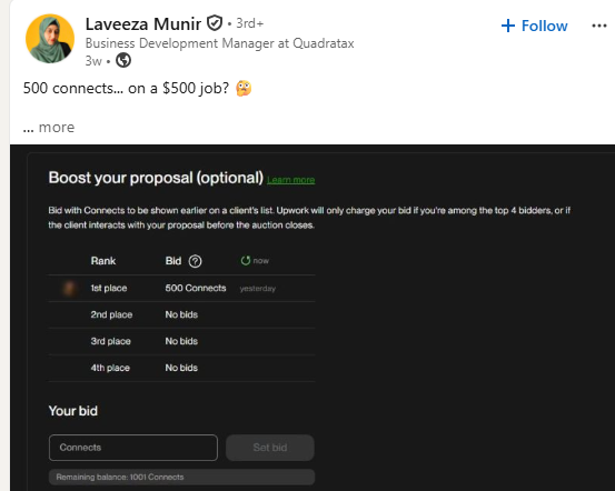LinkedIn post: 500 Connects bid on a 500 dollar job