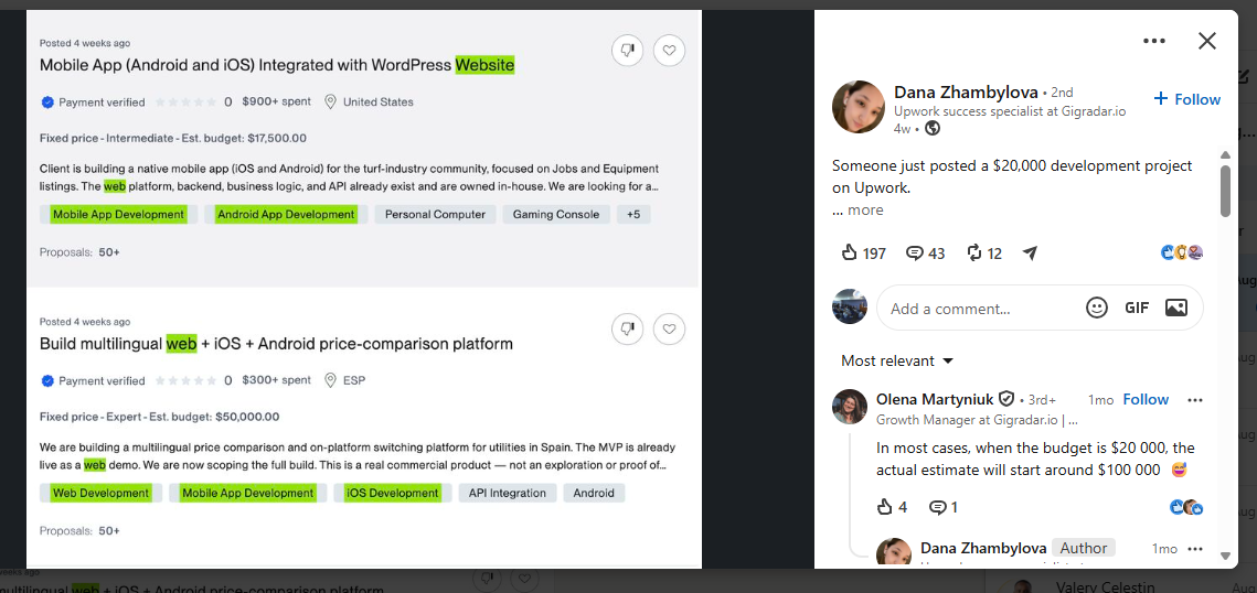 Upwork jobs with 17,500 and 50,000 dollar budgets, both 50 plus proposals