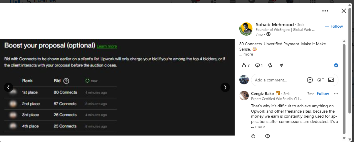 LinkedIn post: 80 Connects, unverified payment