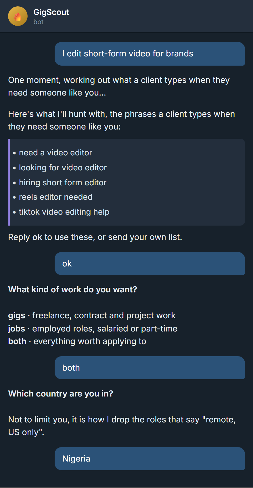 Telegram chat showing the onboarding questions and the search terms the bot worked out