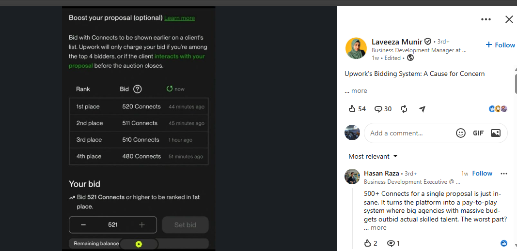 LinkedIn: 520 connects to rank number one, Upwork's Bidding System a Cause for Concern