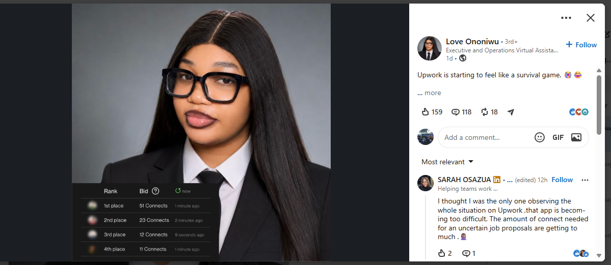 LinkedIn: Upwork is starting to feel like a survival game, 159 likes, 118 comments